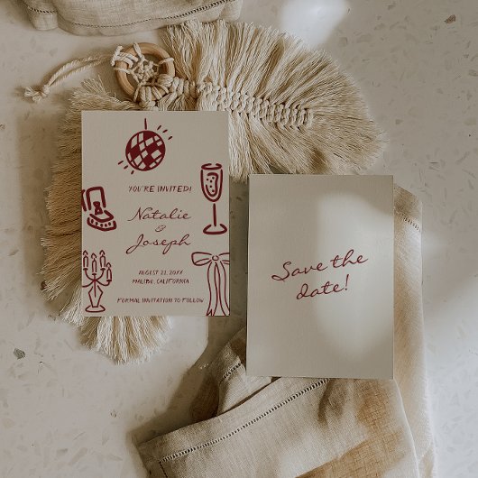 Save The Date Mariage Romantique Bourguignon Dessiné à la Main F