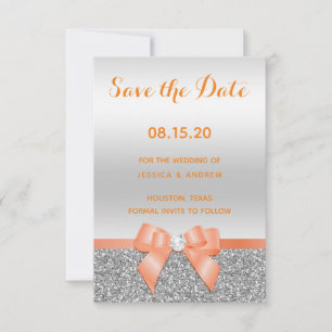 Save The Date Mariage romantique corail avec nœud et paillettes 