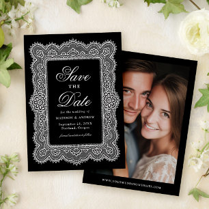 Save The Date Mariage romantique vintage en dentelle noire et bl