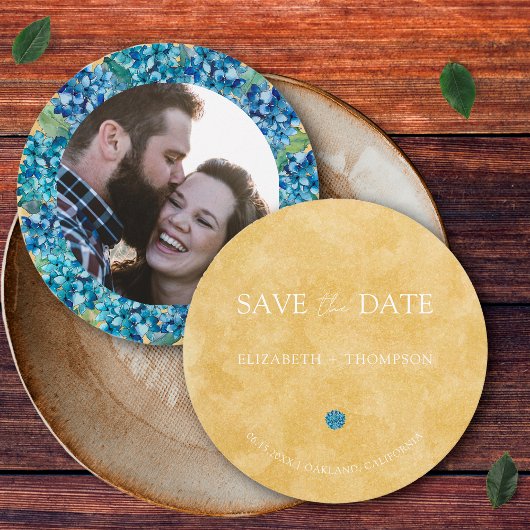 Save The Date Mariage Rond Moderne Sable Bleu Hydrangea