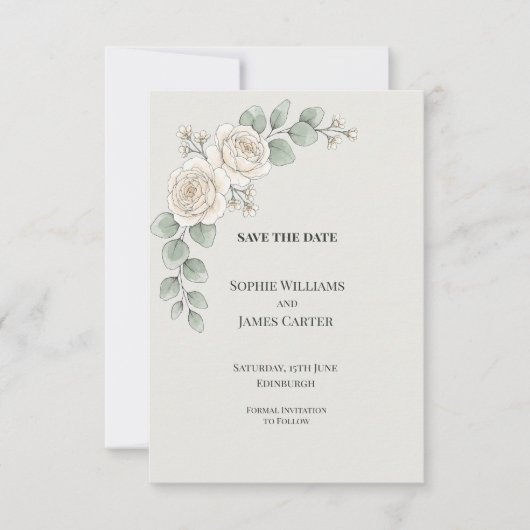 Save The Date Mariage Rose Blanche Eucalyptus (Devant)