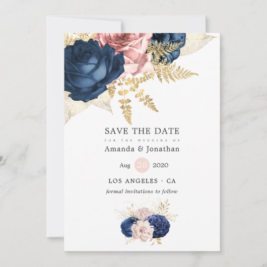 Save The Date Mariage Rose de la marine et de Blush (Devant)