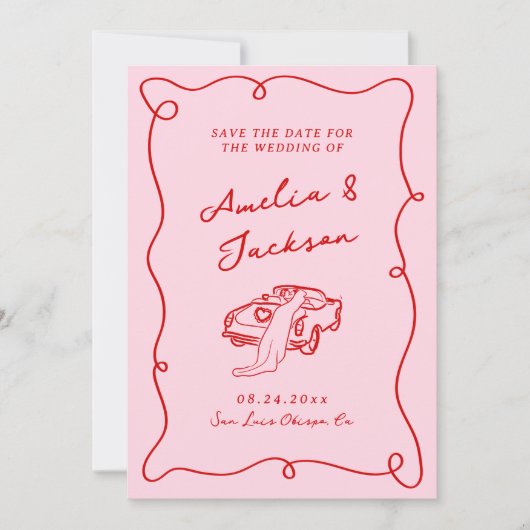 Save The Date Mariage rose et rouge à main blanche + détails (Devant)