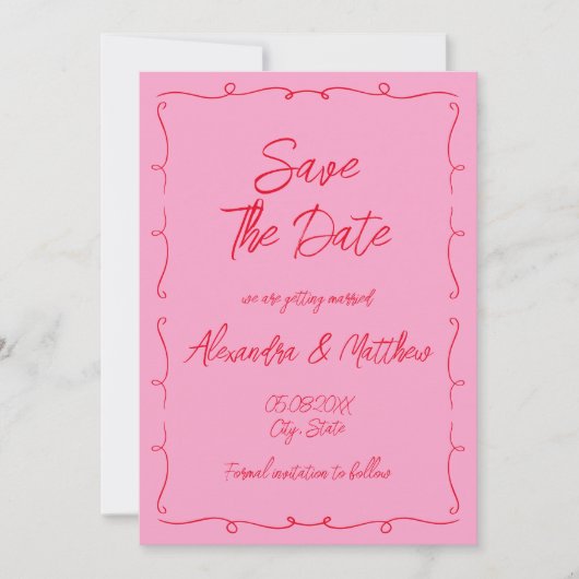 Save The Date Mariage Rose et Rouge au Gribouillis Fantaisiste D (Devant)