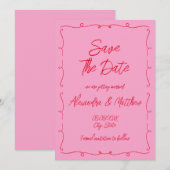 Save The Date Mariage Rose et Rouge au Gribouillis Fantaisiste D (Devant / Derrière)