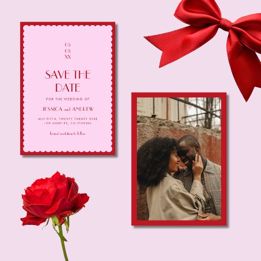 Save The Date Mariage rose et rouge Vague Retro Seventies