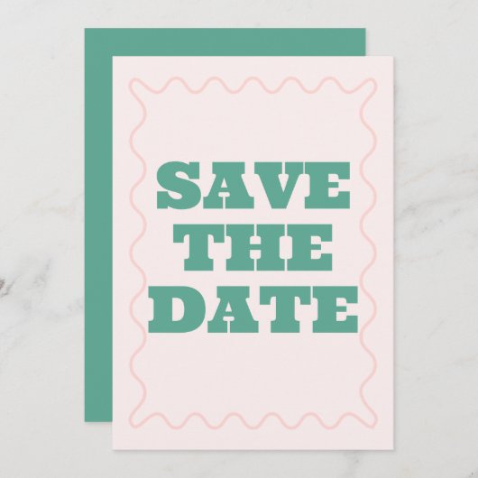 Save The Date Mariage rose et vert ondulé (Devant / Derrière)