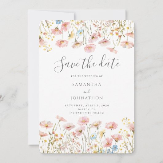 Save The Date Mariage rose Fleur sauvage (Devant)