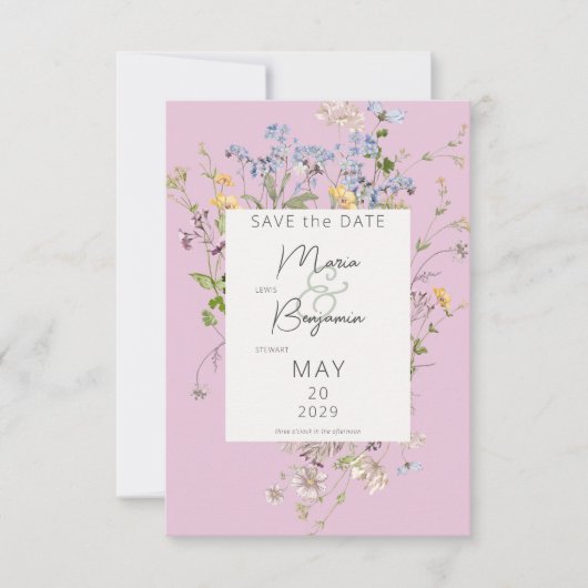 Save The Date Mariage rose Fleur sauvage Boho délicat (Devant)