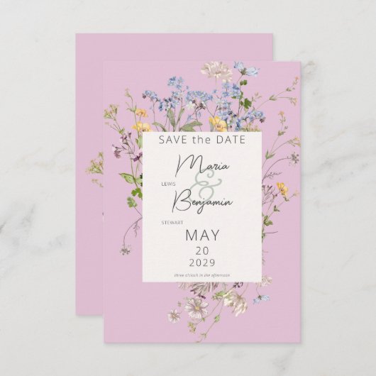 Save The Date Mariage rose Fleur sauvage Boho délicat (Devant / Derrière)