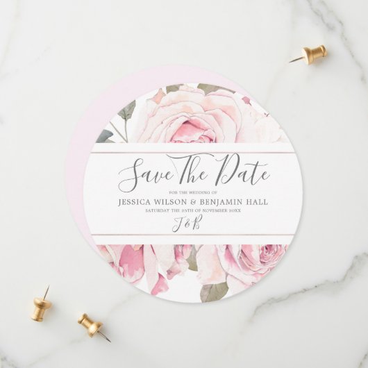 Save The Date Mariage Rose Floral Aquarelle Rose Clair (Devant/Arrière en situation)