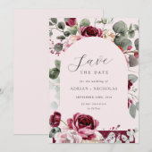 Save The Date Mariage rose flou et bordeaux (Devant / Derrière)