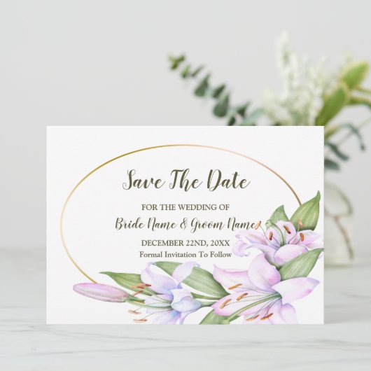 Save The Date Mariage Rose Lily Fleurs Or Frame Belle (Debout devant)