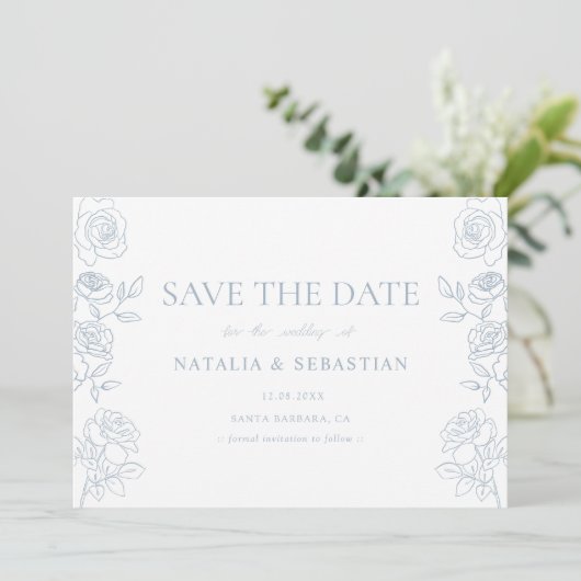 Save The Date Mariage Rose moderne bleu & blanc (Debout devant)