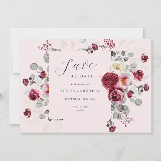 Save The Date Mariage rose pâle et bordeaux (Devant)