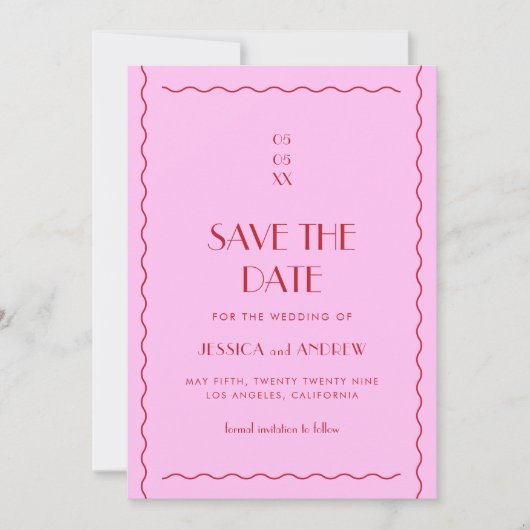 Save The Date Mariage rose rouge rétro Wavy Seventies (Devant)