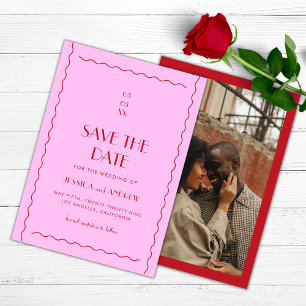 Save The Date Mariage rose rouge rétro Wavy Seventies