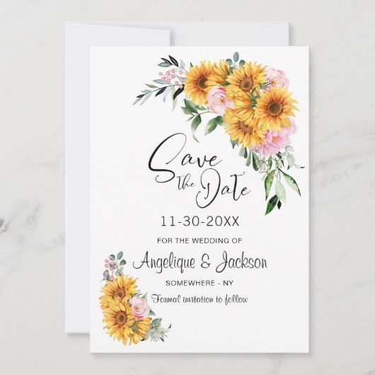 Save The Date Mariage rose tournesol (Devant)