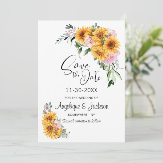 Save The Date Mariage rose tournesol (Debout devant)