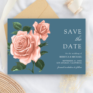 Save The Date Mariage Roses Pêches Bleu Poussiéreux Rustique