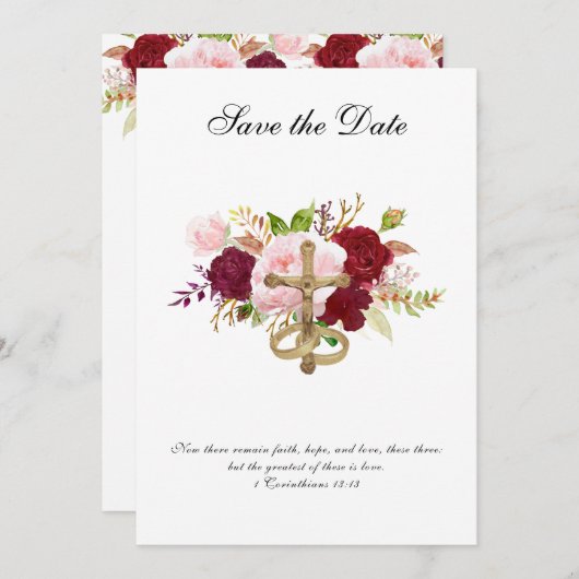 Save The Date Mariage Roses rouges et roses crucifix religieux (Devant / Derrière)