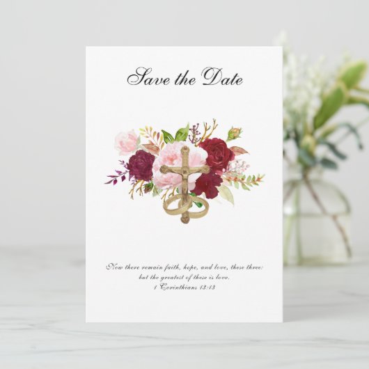 Save The Date Mariage Roses Rouges & Roses Religious Crucifix (Debout devant)