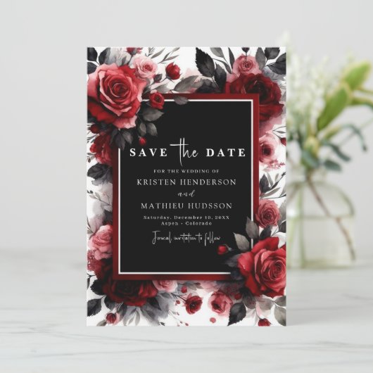 Save The Date Mariage rouge Crimson Aquarelle unique (Debout devant)