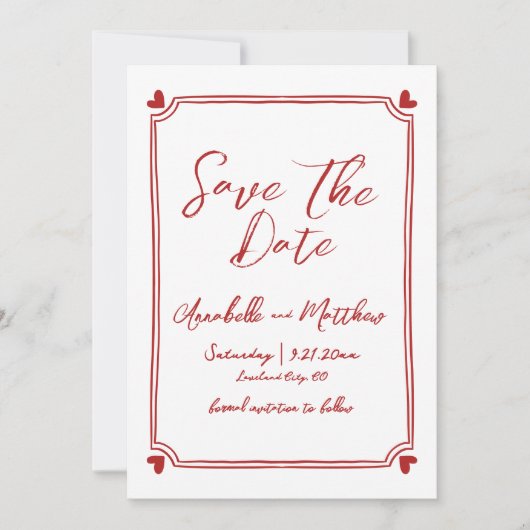 Save The Date Mariage Rouge Dessiné À La Main Enregistrer La Dat (Devant)
