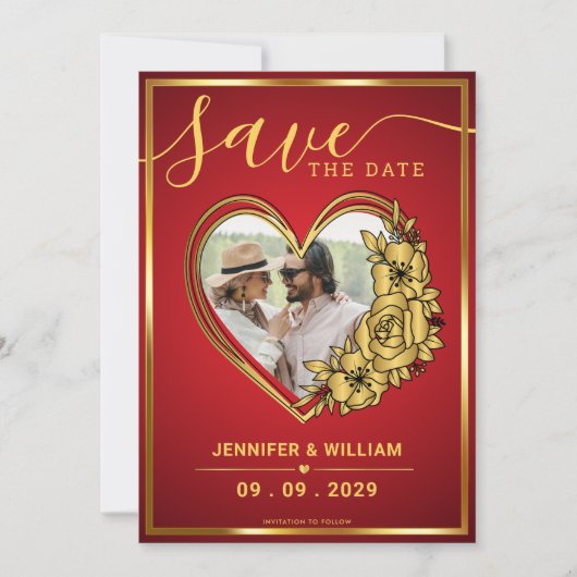 Save The Date Mariage Rouge Et Or Photo En Coeur (Devant)