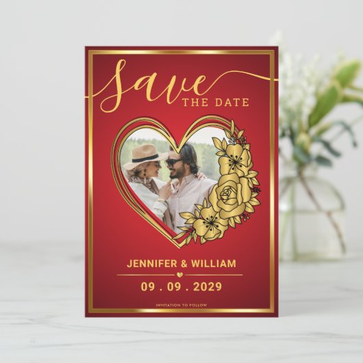 Save The Date Mariage Rouge Et Or Photo En Coeur (Debout devant)