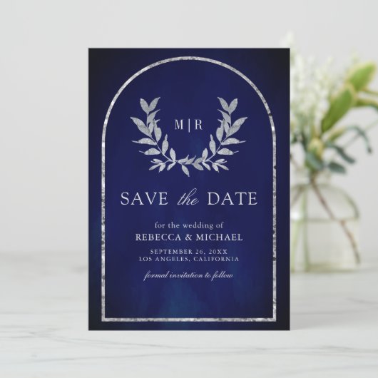 Save The Date Mariage royal bleu Feuille Silver Laurel (Debout devant)