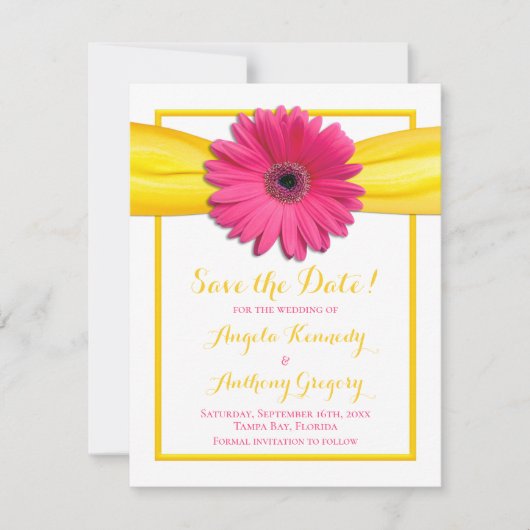 Save The Date Mariage Ruban Jaune Fleur Gerbera Rose (Devant)