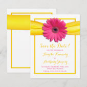 Save The Date Mariage Ruban Jaune Fleur Gerbera Rose (Devant / Derrière)
