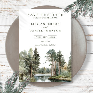 Save The Date Mariage rustique aquarelle au bord d'un lac en for