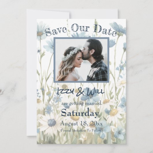 Save The Date Mariage rustique avec des marguerites et du denim  (Devant)