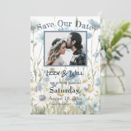 Save The Date Mariage rustique avec des pâquerettes et du denim (Debout devant)