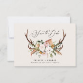 Save The Date Mariage rustique avec feuillage, fleurs et cerf (Devant)