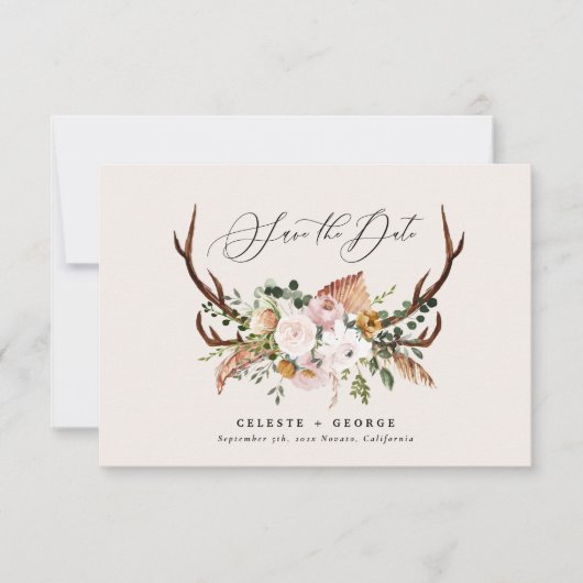 Save The Date Mariage rustique avec feuillage, fleurs et cerf (Devant)