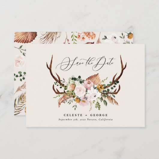 Save The Date Mariage rustique avec feuillage, fleurs et cerf (Devant / Derrière)
