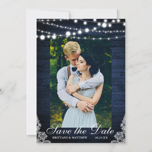 Save The Date Mariage rustique Bleu Lumières dentelle Enregistre (Devant)