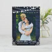 Save The Date Mariage rustique Bleu Lumières dentelle Enregistre (Debout devant)