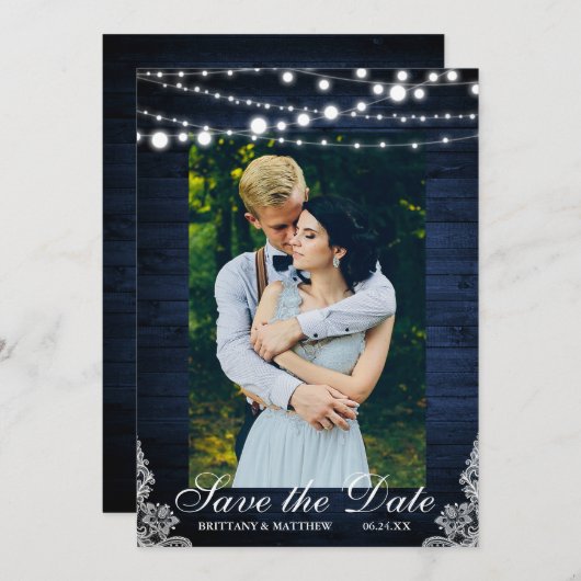 Save The Date Mariage rustique Bleu Lumières dentelle Enregistre (Devant / Derrière)