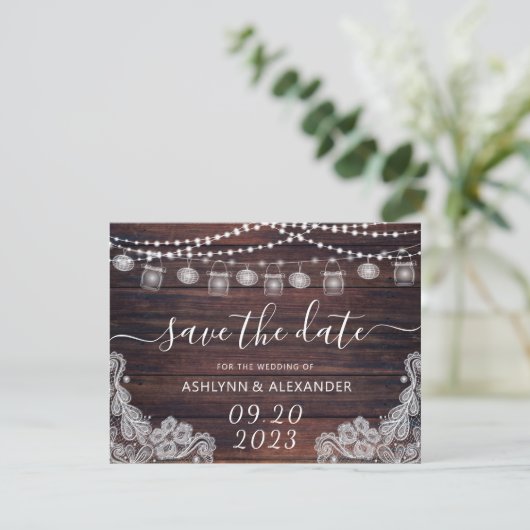 Save The Date Mariage Rustique Bois Mason Lumières Jar ENREGISTR (Debout devant)
