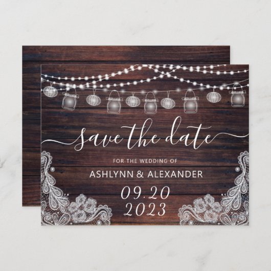 Save The Date Mariage Rustique Bois Mason Lumières Jar ENREGISTR (Devant / Derrière)