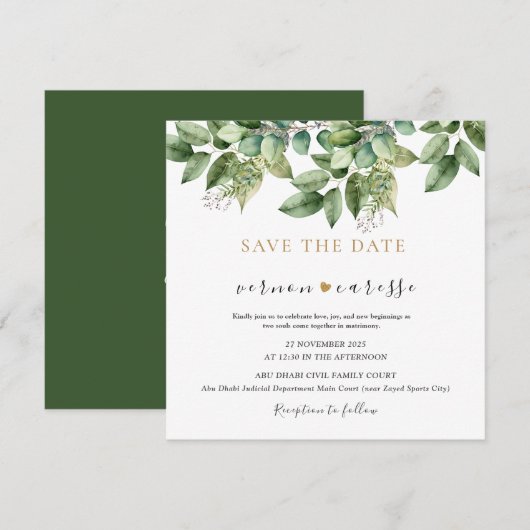 Save The Date Mariage Rustique Botanique Vert & Feuillage Doré 1 (Devant / Derrière)