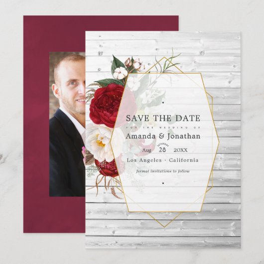 Save The Date Mariage rustique burgundy et floral blanc géométri (Devant / Derrière)