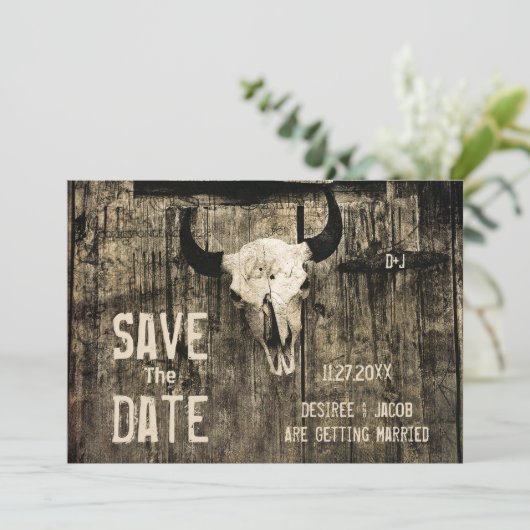 Save The Date Mariage Rustique Crâne De Vache Occidentale Enregi (Debout devant)