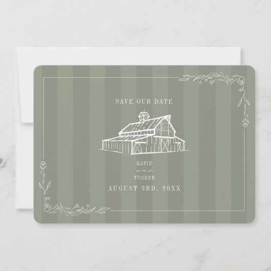 Save The Date Mariage Rustique dans une Grange avec Rayure Vert (Devant)