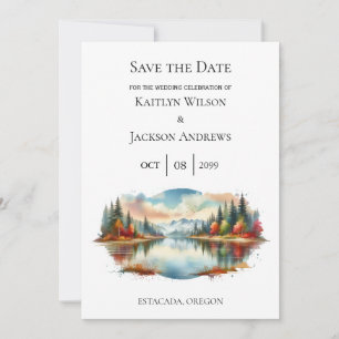 Save The Date Mariage rustique d'automne au bord du lac en forêt