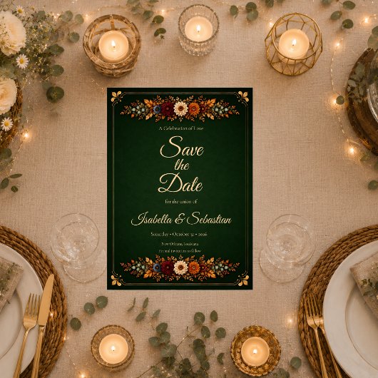 Save The Date Mariage rustique d'automne en vert forêt